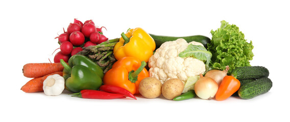 Pile of different fresh vegetables on white background