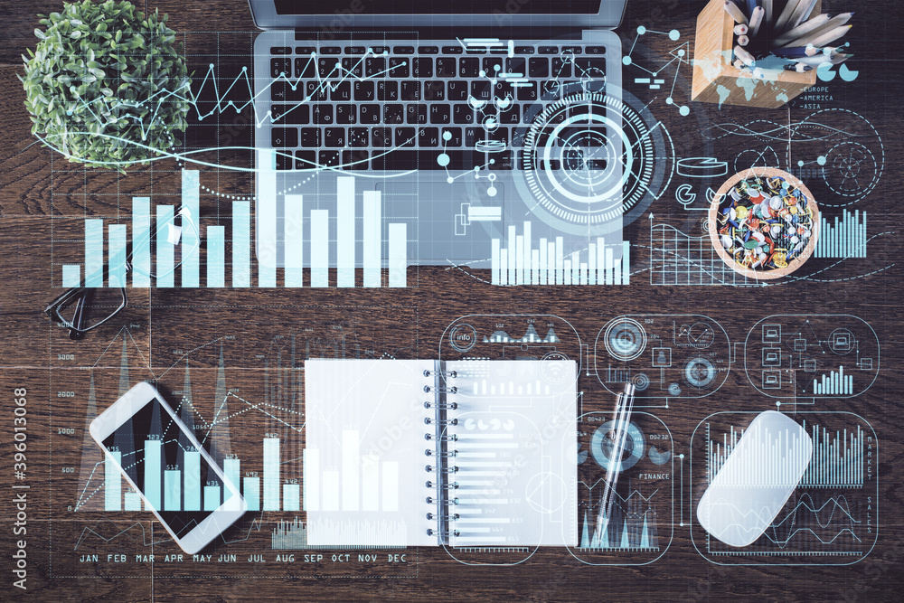 Aufkleber Stock market graph and top view computer on the table background. Multi exposure. Concept of financial education.