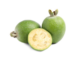 Whole and cut feijoa fruits on white background