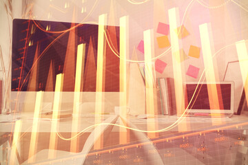Double exposure of financial graph drawing and office interior background. Concept of stock market.