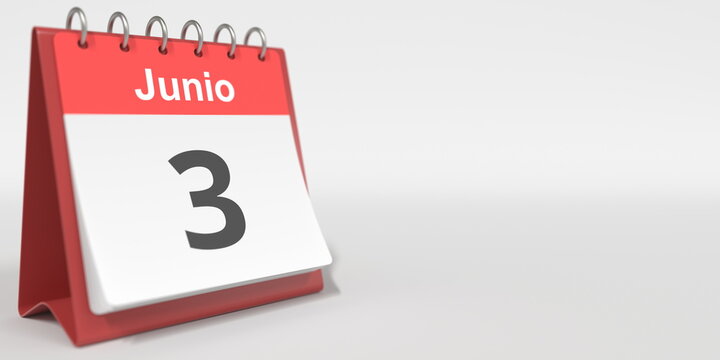 June 3 date written in Spanish on the flip calendar, 3d rendering