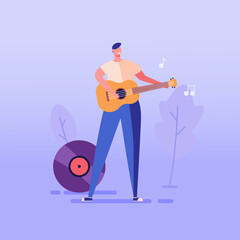 Man stands with a guitar and sings songs. Concept of music, music studio, vocal lessons, stars, popularity, vogue, romantic.  Vector illustration in flat design