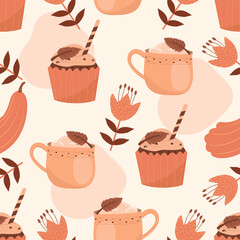 Seamless patern with cupcake, and coffee, and autumn colors.