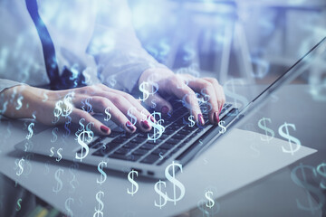 Multi exposure of woman hands typing on computer and financial graph hologram drawing. Stock market analysis concept.