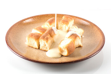 Golden ducat leavened baked buns, dessert or lunch theme. Sweet food. 