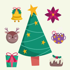 merry christmas tree bell flower deer gift and cake decoration and celebration icons