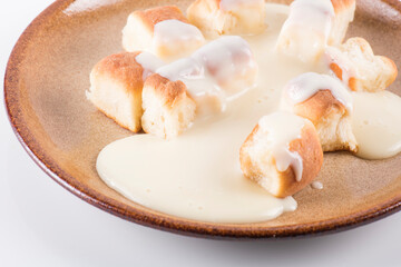 Golden ducat leavened baked buns, dessert or lunch theme. Sweet food. 