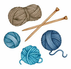 Watercolor wooden Knitting needles and Yarn Skeins set. Balls of turquoise, blue, brown wool Threads. Knitting Tools. Hand drawn clipart, elements isolated for Knitters blog design, logo, pattern