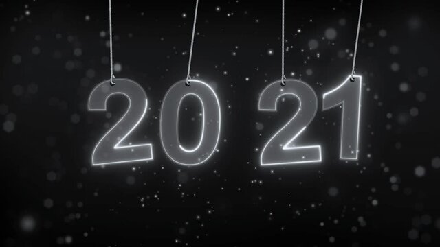 2021 new year on a rope zoom out. swing on the rope. With neon lights. Particles in the back. A beautiful new year backgorund. 4K video