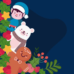 Obraz na płótnie Canvas merry christmas cute helper bear and gingerbread man branches holly berry
