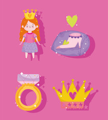 princess shoe ring and crown cartoon icons set