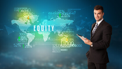 Businessman in front of a decision with EQUITY inscription, business concept