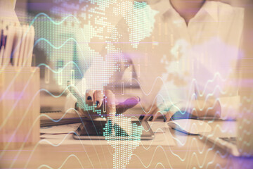 Double exposure of forex chart sketch hologram and woman holding and using a mobile device. Financial market concept.