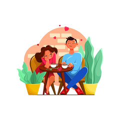 greeting card, banner for valentine's day, girl and guy on a date sitting at a cafe table, two cups of cappuccino, rose, vector illustration