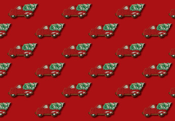 Trendy pastel red isometric gingerbread Santa car pattern. Isolated pastel red background. Minimal Christmas concept.