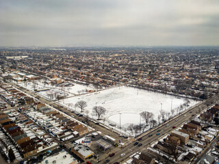 Aerial view of snow-covered baseball park in Chicago, Illinois