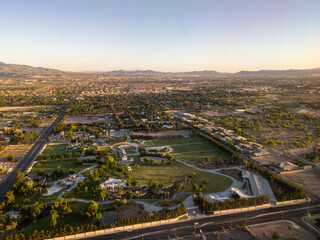 Aerial view of residential area and park of Las Vegas, Nevada with clear skies