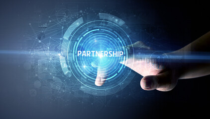 Hand touching PARTNERSHIP button, modern business technology concept