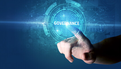 Hand touching GOVERNANCE button, modern business technology concept