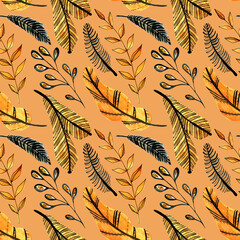 Watercolor seamless pattern with orange and black leaves on the white background. Christmas tree branch pattern. Perfect for greeting cards, invitation, wrapping paper, textile
