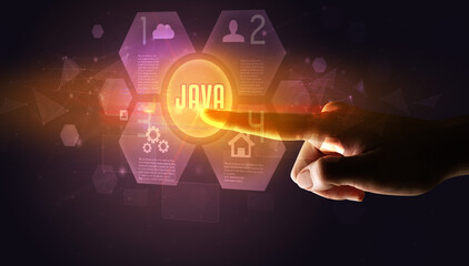 Hand touching JAVA inscription, new technology concept