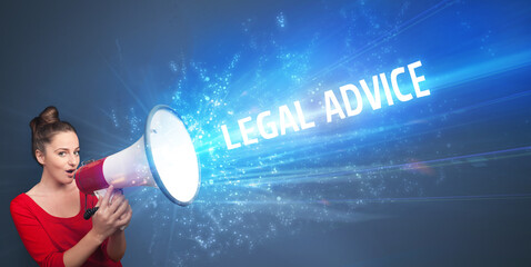 Young person shouting in loudspeaker with LEGAL ADVICE inscription, business concept