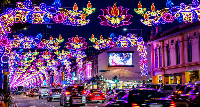 Singapore, Singapore - Nov 1, 2020: Deepavali street light decorations along Serangoon Road, as part of the multi cultural, multi-racial city state's annual celebration of the Hindu's New 