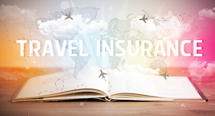 Open book with TRAVEL INSURANCE inscription, vacation concept