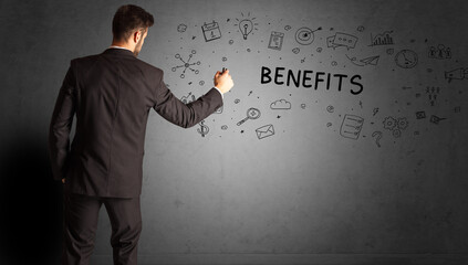 businessman drawing a creative idea sketch with BENEFITS inscription, business strategy concept