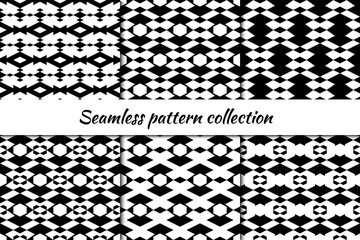 Rhombuses, diamonds, lozenges, hexagons seamless patterns collection. Folk prints. Ethnic ornaments set