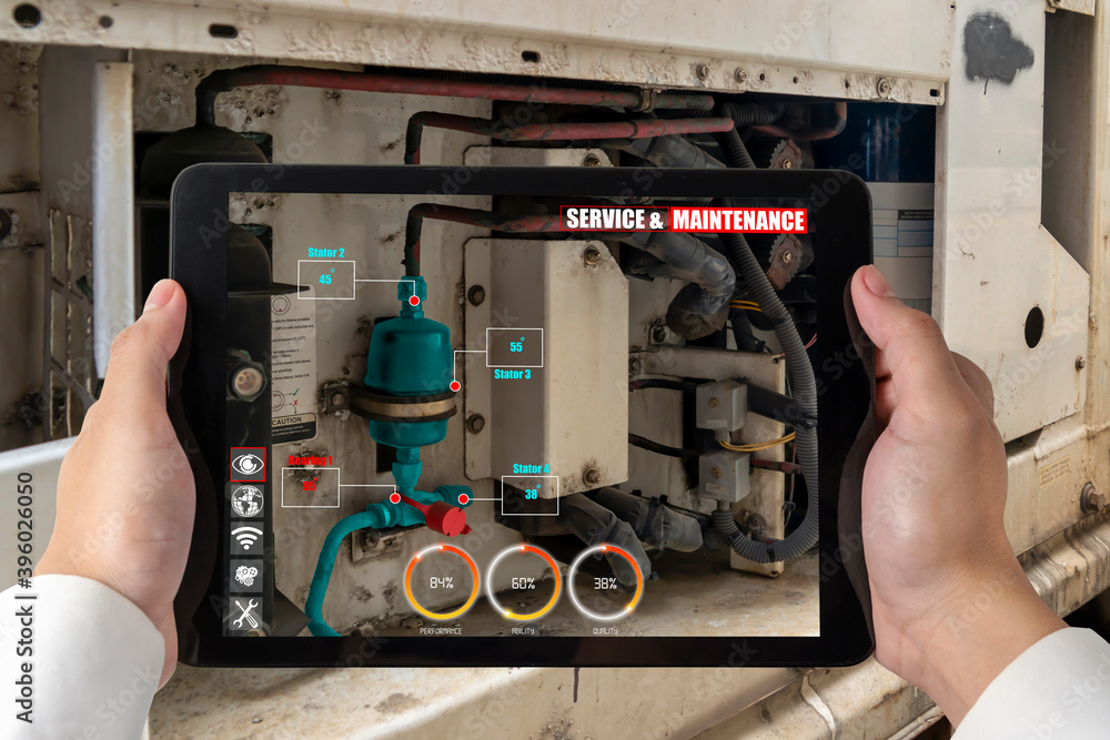Poster engineer use augmented reality software in smart factory production line with automated application 