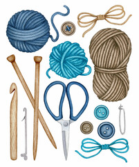 Watercolor Knitting and Crocheting tools set. Wooden Knitting needles, Crochet Hook, Wool Yarn Skeins, Balls, Scissors. Hand drawn clipart, elements isolated for Knitters blog design, logo, pattern
