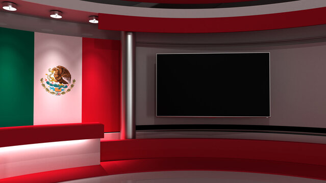 Mexico flag . TV studio. Mexico flag background. Mexico flag studio. News studio. The perfect backdrop for any green screen or chroma key video or photo production. 3d render. 3d
