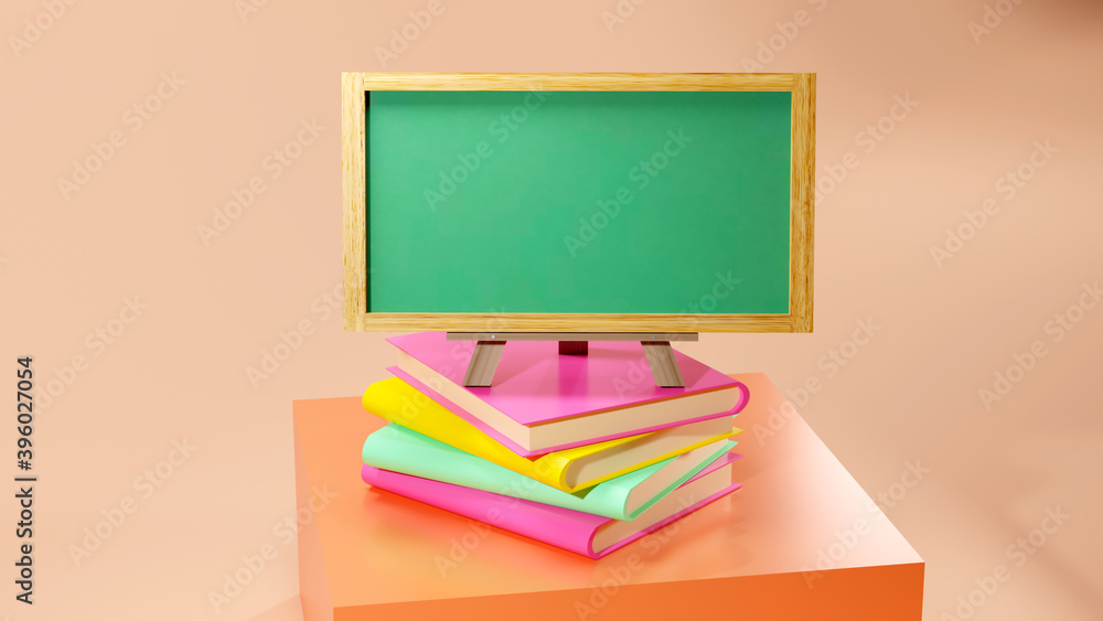 Aufkleber 3d rendering of a blank blackboard to put text on books on orange background. realistic 3d shapes. e