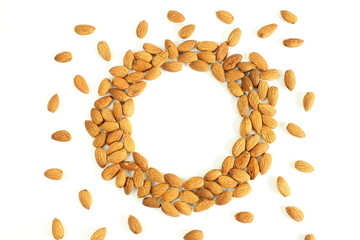 frame of almond nut isolated in white background with copy space