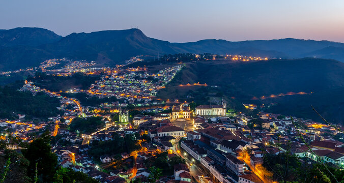 Travel bucket list . Ouro Preto , Brazil. Spectacular night  panoramic view of historic city in Minas Gerais.