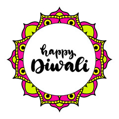 Happy Diwali calligraphic vector illustration. Celebration of the festival of a traditional holiday in India deepavali. Lettering with mandala for greeting card, poster.