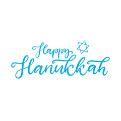 Happy Hanukkah calligraphic lettering vector illustration. The concept of celebration the traditional religious Jewish holiday. Blue color.