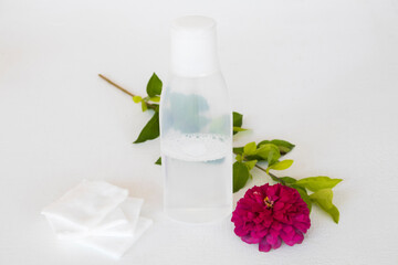 cleaning water make up clear and cotton for health care surface skin face on background white