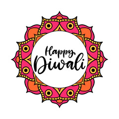 Happy Diwali calligraphic vector illustration. Celebration of the festival of a traditional holiday in India deepavali. Lettering with mandala for greeting card, poster.