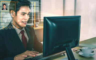 Facial recognition technology scan and detect people face for identification . Future concept interface showing digital biometric security system that analyze human face to verify personal data .