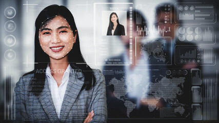 Facial recognition technology scan and detect people face for identification . Future concept interface showing digital biometric security system that analyze human face to verify personal data .