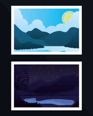 Nature mountains night and sunny landscape, colorful design
