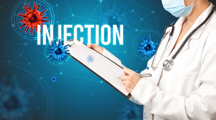 doctor prescribes a prescription with INJECTION inscription, pandemic concept