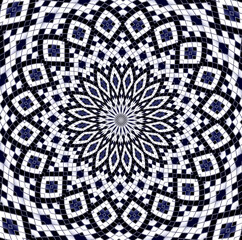 Blue mandala geometries, abstract texture, black and white pattern