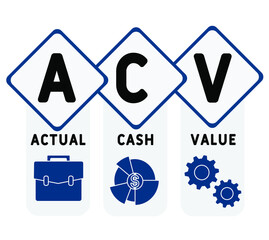 ACV - Actual cash value acronym, business   concept. word lettering typography design illustration with line icons and ornaments.  Internet web site promotion concept vector layout.