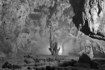 Stalactites and Stalagmites in a Large Chamber in Tiger Cave, Northern Vietnam
