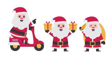 set of cheerful santa clauses brings gifts