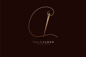 Abstract Initial C Tailor logo, thread and needle combination with gold colour line style , Flat Logo Design Template, vector illustration