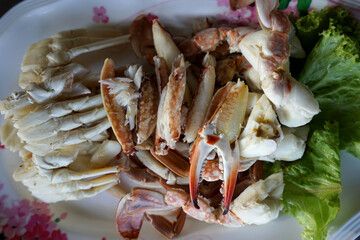 Steamed blue crab On the table in the plate of the seafood restaurant